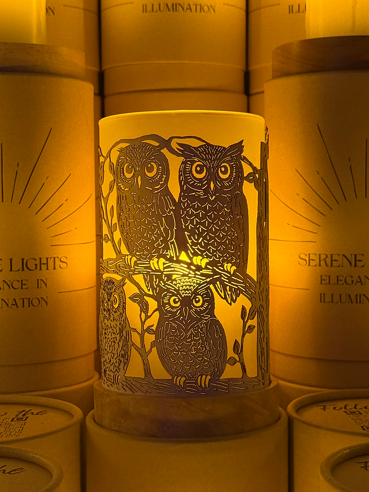 Serene Lights - Forest Friends Owl Decorative Candle Holder – Laser Etched, Handmade Wood Veneer, Rechargeable LED Candle