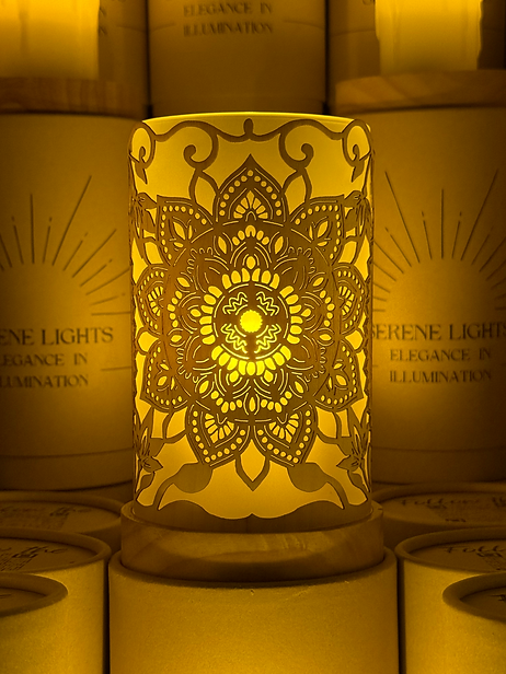 Serene Lights - Mandala, Decorative Candle Holder – Laser Etched, Handmade Wood Veneer, Rechargeable LED Candle