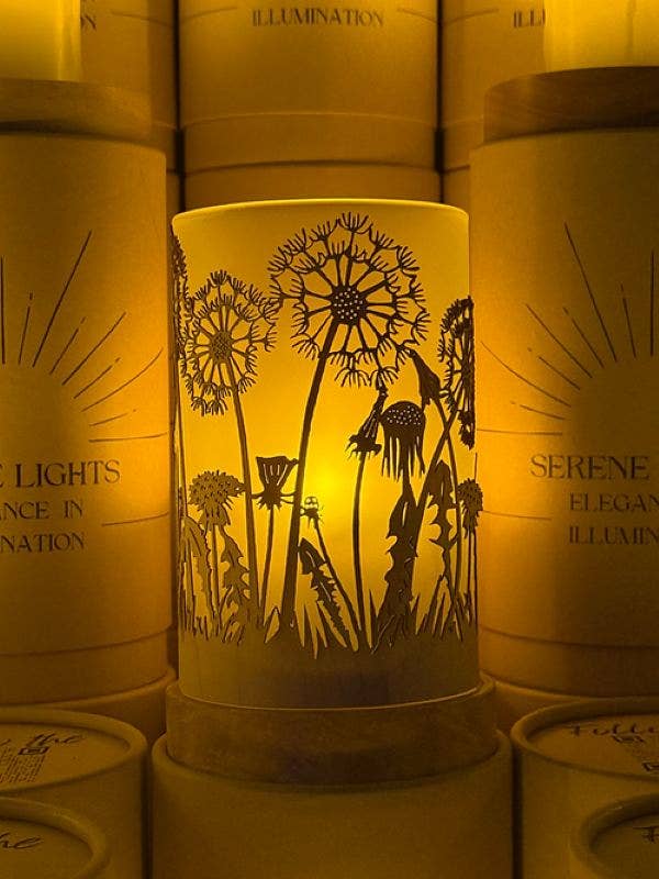 Serene Lights - Field of Dandelions Decorative Candle Holder – Laser Etched, Handmade Wood Veneer, Rechargeable LED Candle