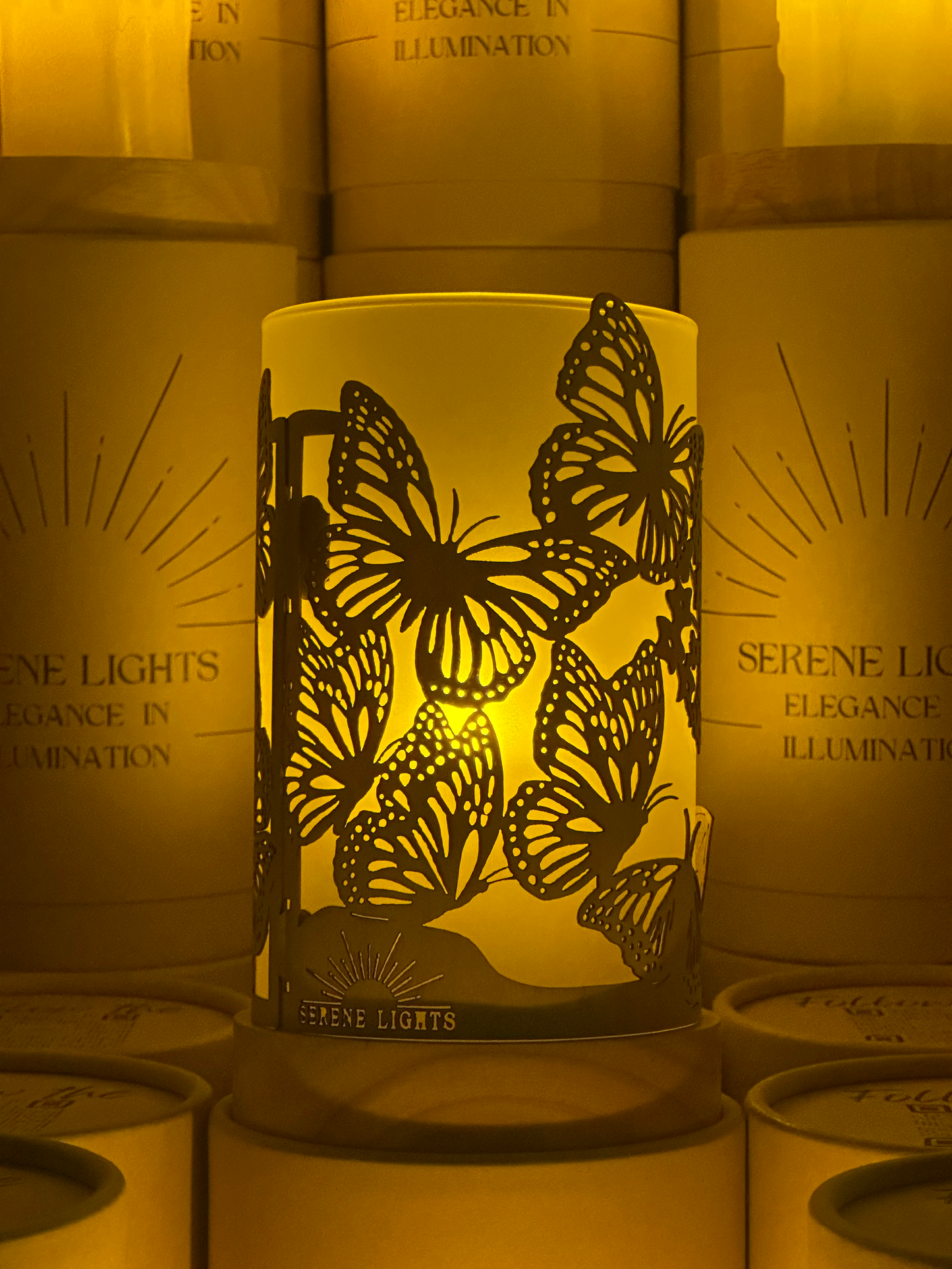 Serene Lights - Butterflies, Decorative Candle Holder – Laser Etched, Handmade Wood Veneer, Rechargeable LED Candle