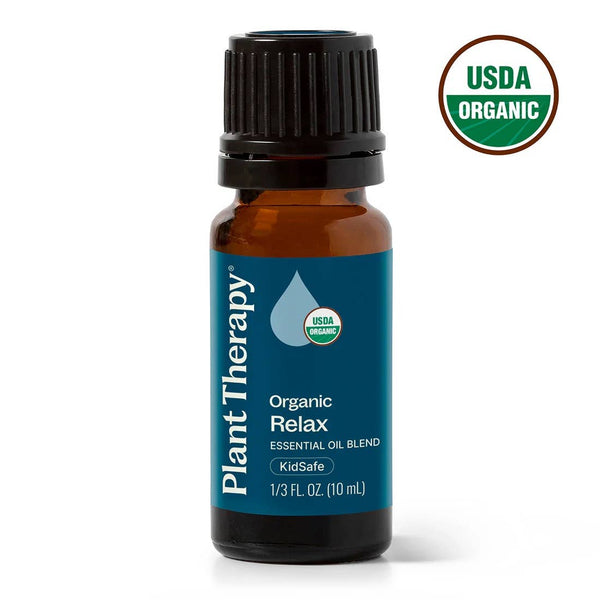 Plant Therapy USDA Certified Organic Relax essential oil blend 10mL with lavender, chamomile and patchouli for calm and restful sleep