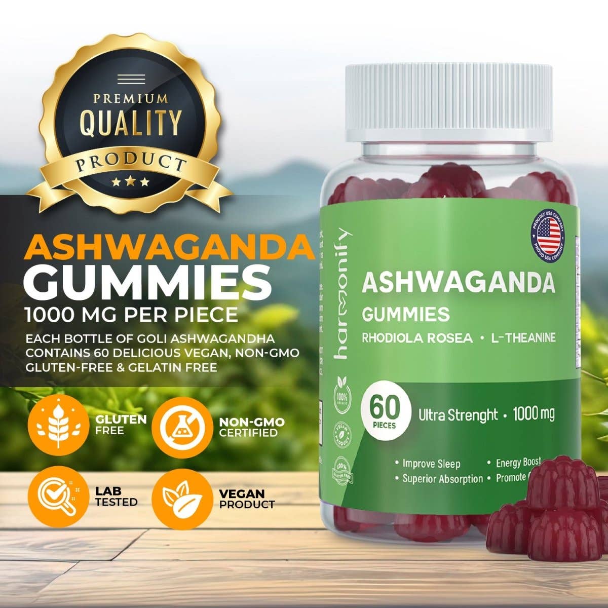 HARMONIFY - Ashwagandha & KSM-66 Gummies with Rhodiola Rosea and L-Theanine, 1000 mg