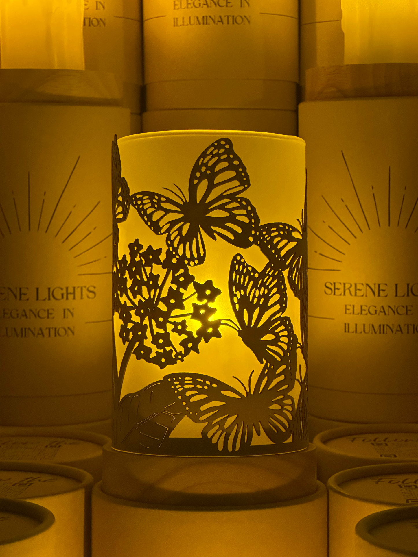 Serene Lights - Butterflies, Decorative Candle Holder – Laser Etched, Handmade Wood Veneer, Rechargeable LED Candle