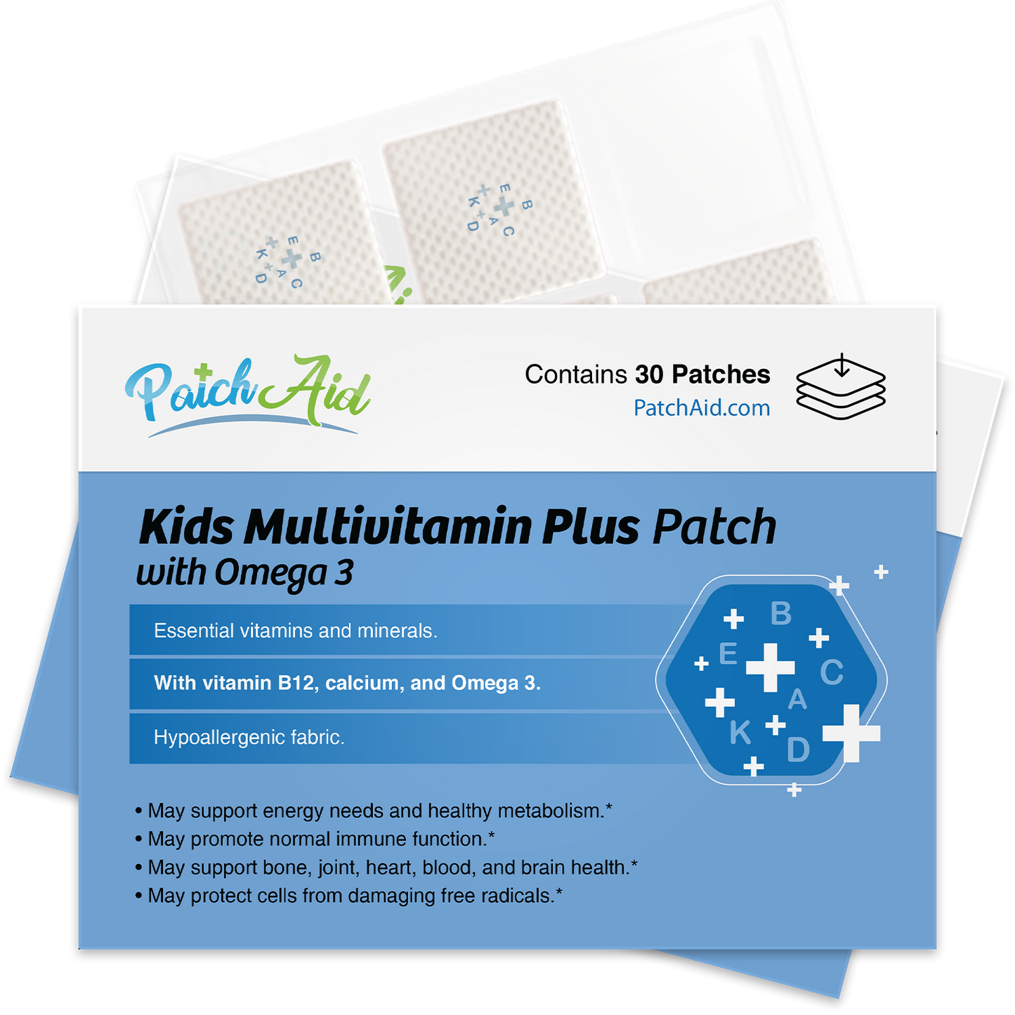PatchAid kids multivitamin plus omega-3 patch with 22 vitamins DHA and EPA — no pills or gummies needed"
