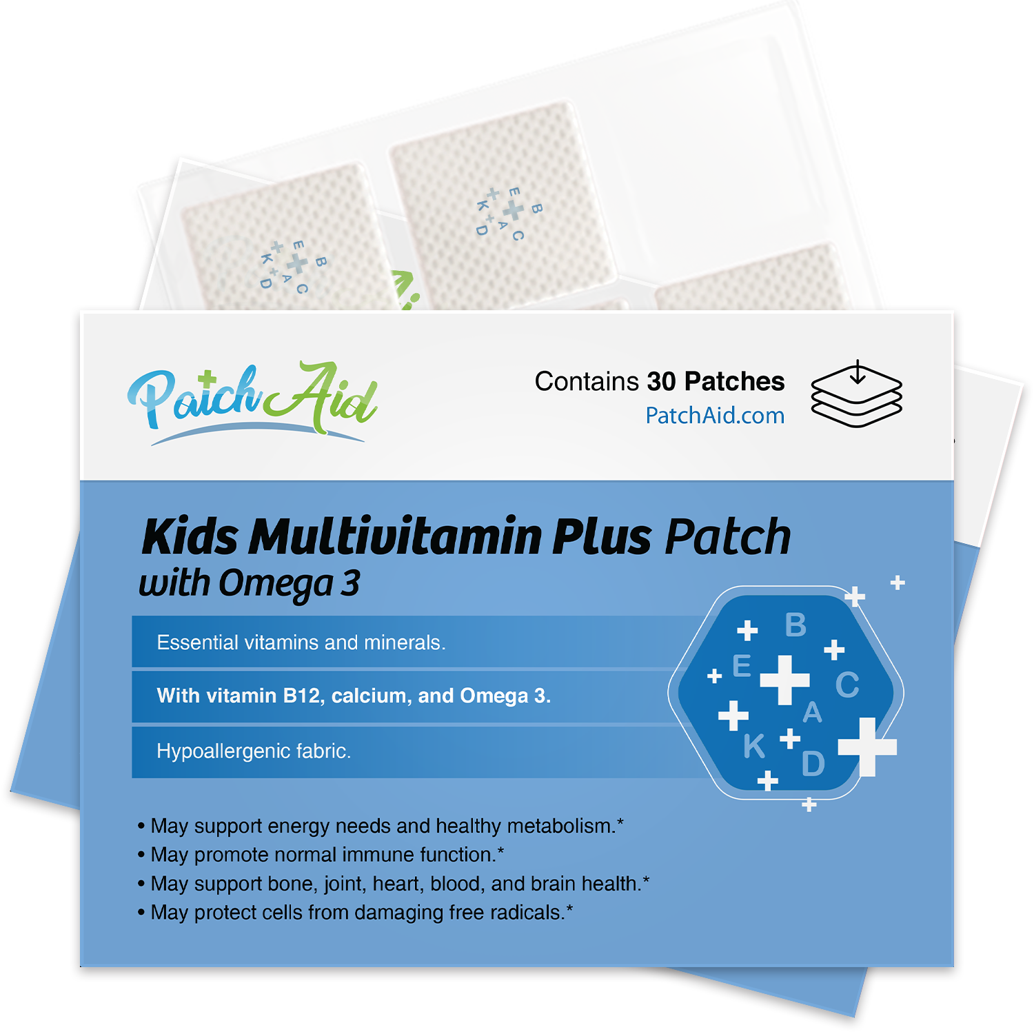 PatchAid kids multivitamin plus omega-3 patch with 22 vitamins DHA and EPA — no pills or gummies needed"