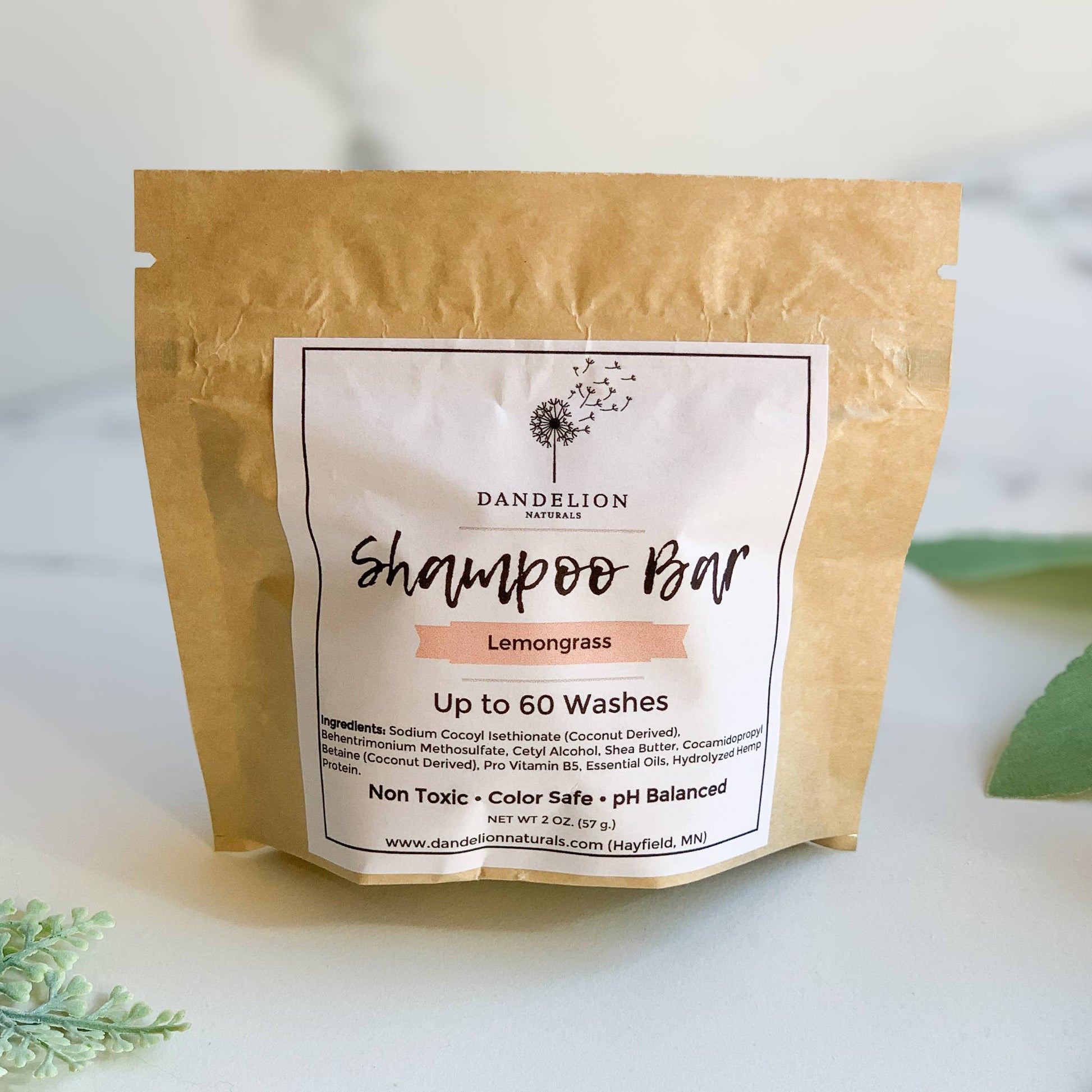 Dandelion Naturals lemongrass shampoo bar in brown kraft paper pouch, natural remedies, eco-friendly packaging