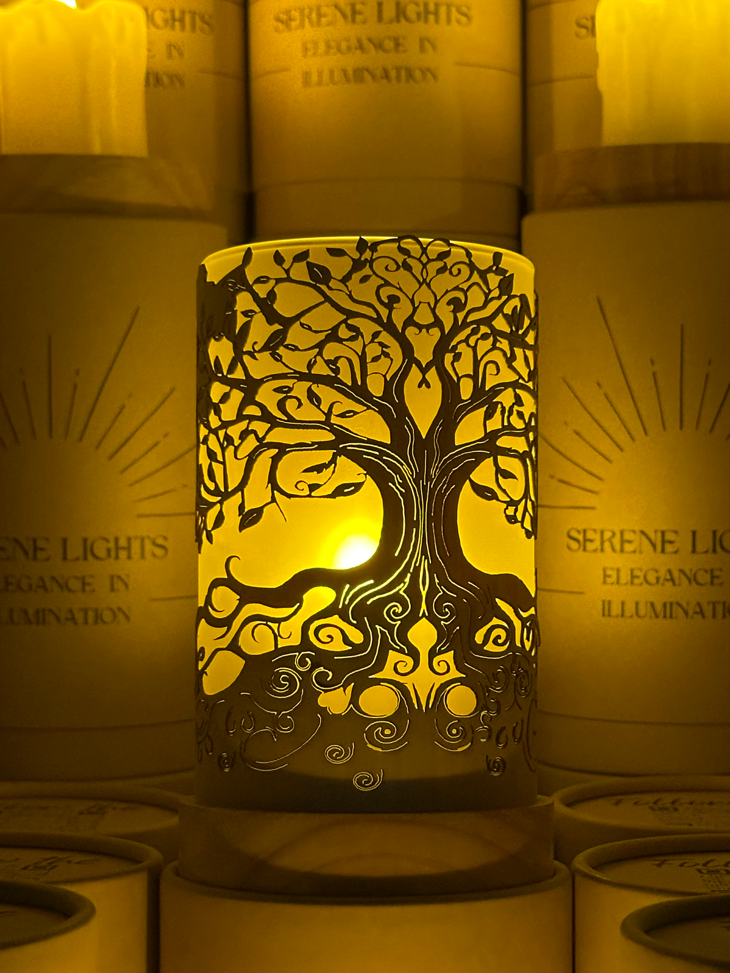 Serene Lights - Tree of Life, Decorative Candle Holder – Laser Etched, Handmade Wood Veneer, Rechargeable LED Candle