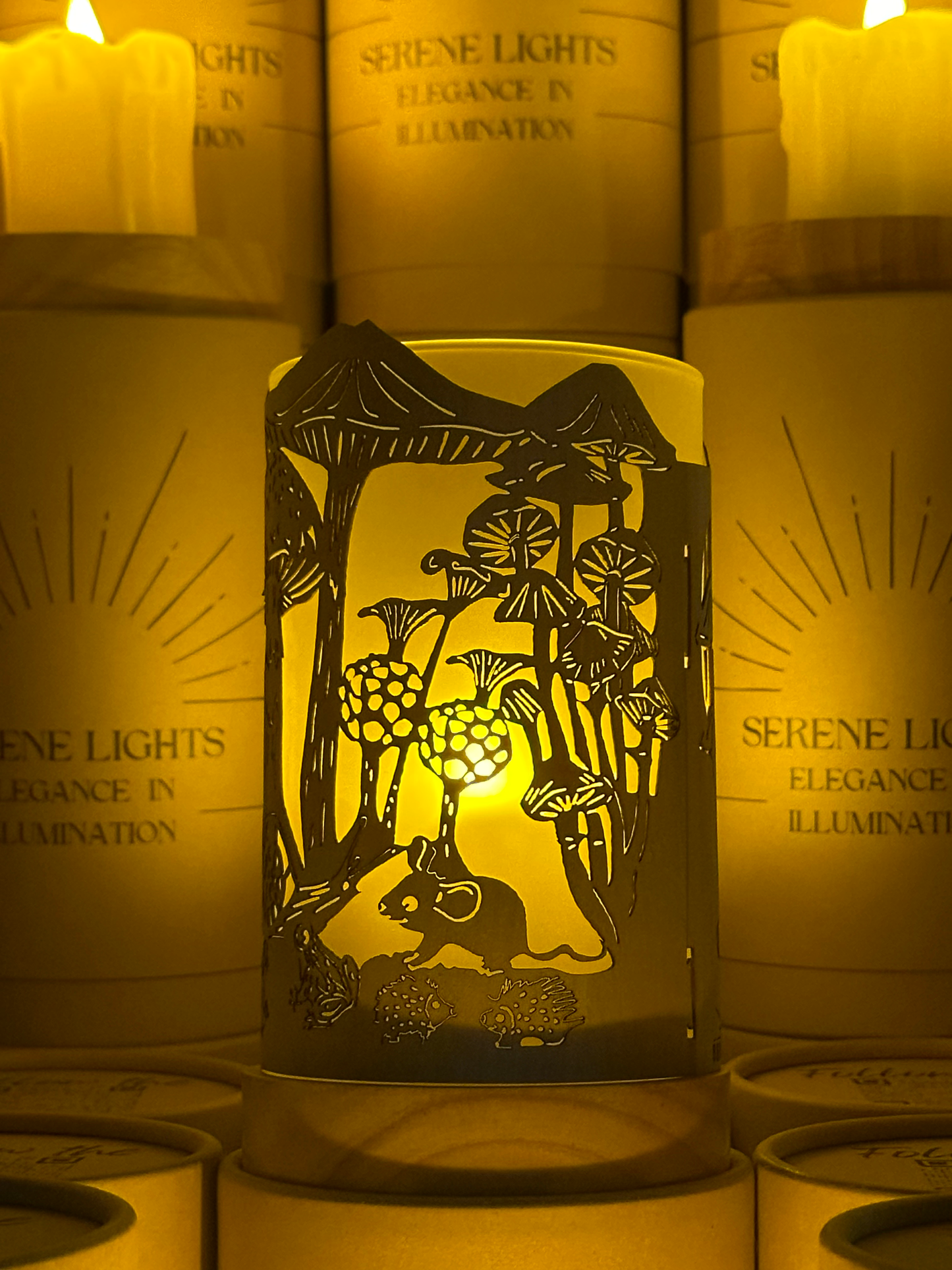 Serene Lights - Mushroom and Mice, Decorative Candle Holder – Laser Etched, Handmade Wood Veneer, Rechargeable LED Candle