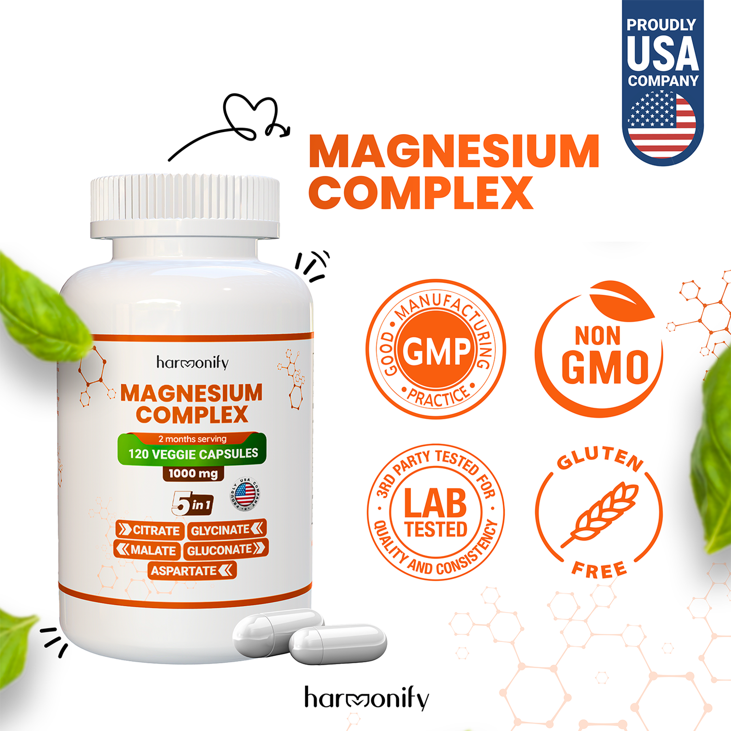 HARMONIFY - Magnesium 5 in 1 Complex, 1000 mg, Glycinate, Citrate, Malate, Aspartate, Gluconate