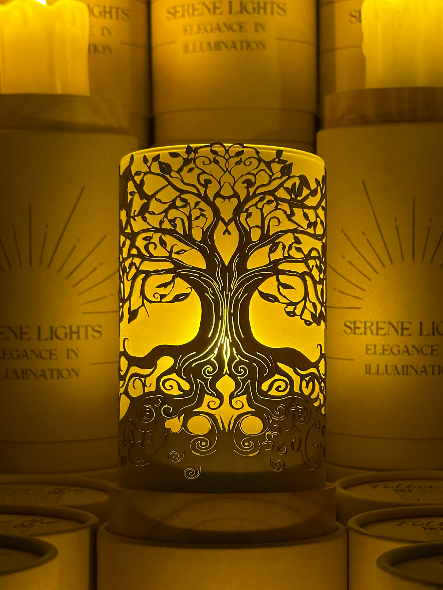 Serene Lights - Tree of Life, Decorative Candle Holder – Laser Etched, Handmade Wood Veneer, Rechargeable LED Candle