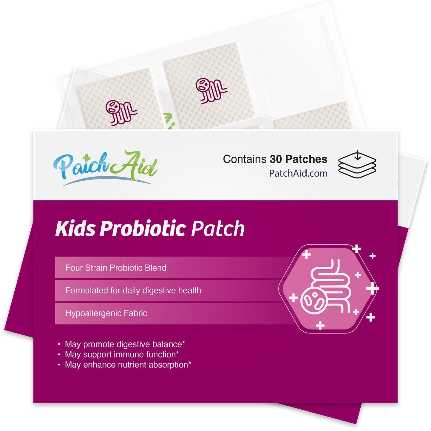PatchAid kids probiotic patch with 4-strain blend for daily digestive health and immune support — no pills or gummies"