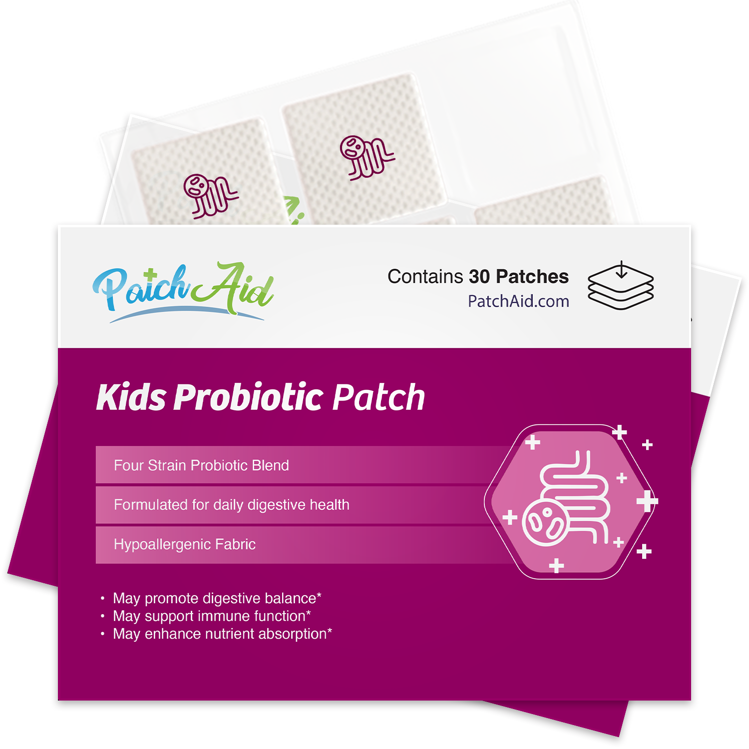 PatchAid kids probiotic patch with 4-strain blend for daily digestive health and immune support — no pills or gummies"