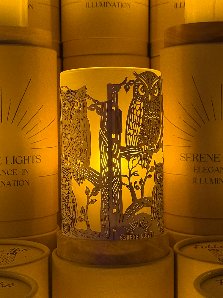 Serene Lights - Forest Friends Owl Decorative Candle Holder – Laser Etched, Handmade Wood Veneer, Rechargeable LED Candle