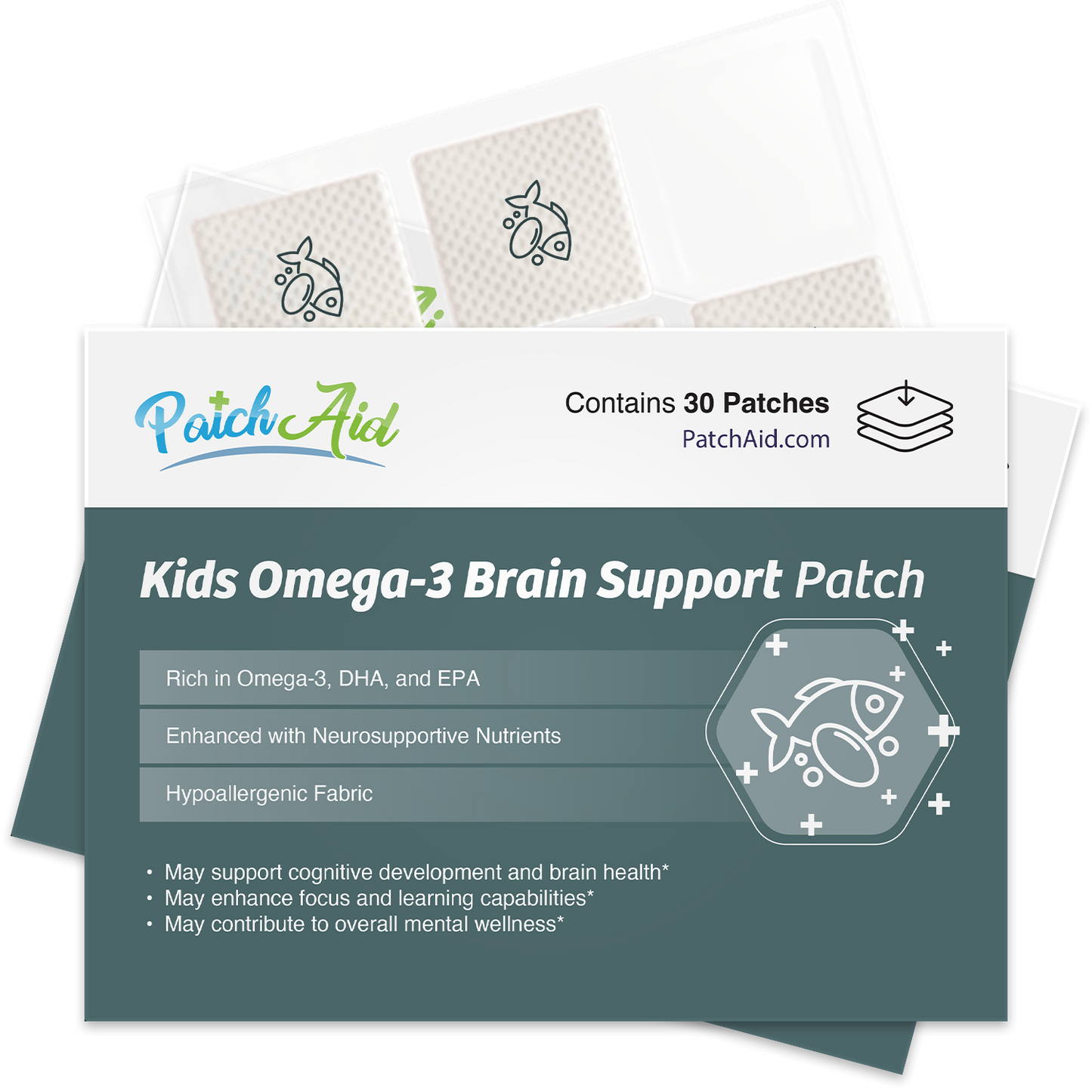 PatchAid kids omega-3 brain support patch with DHA, EPA and astaxanthin for focus, memory and brain development"