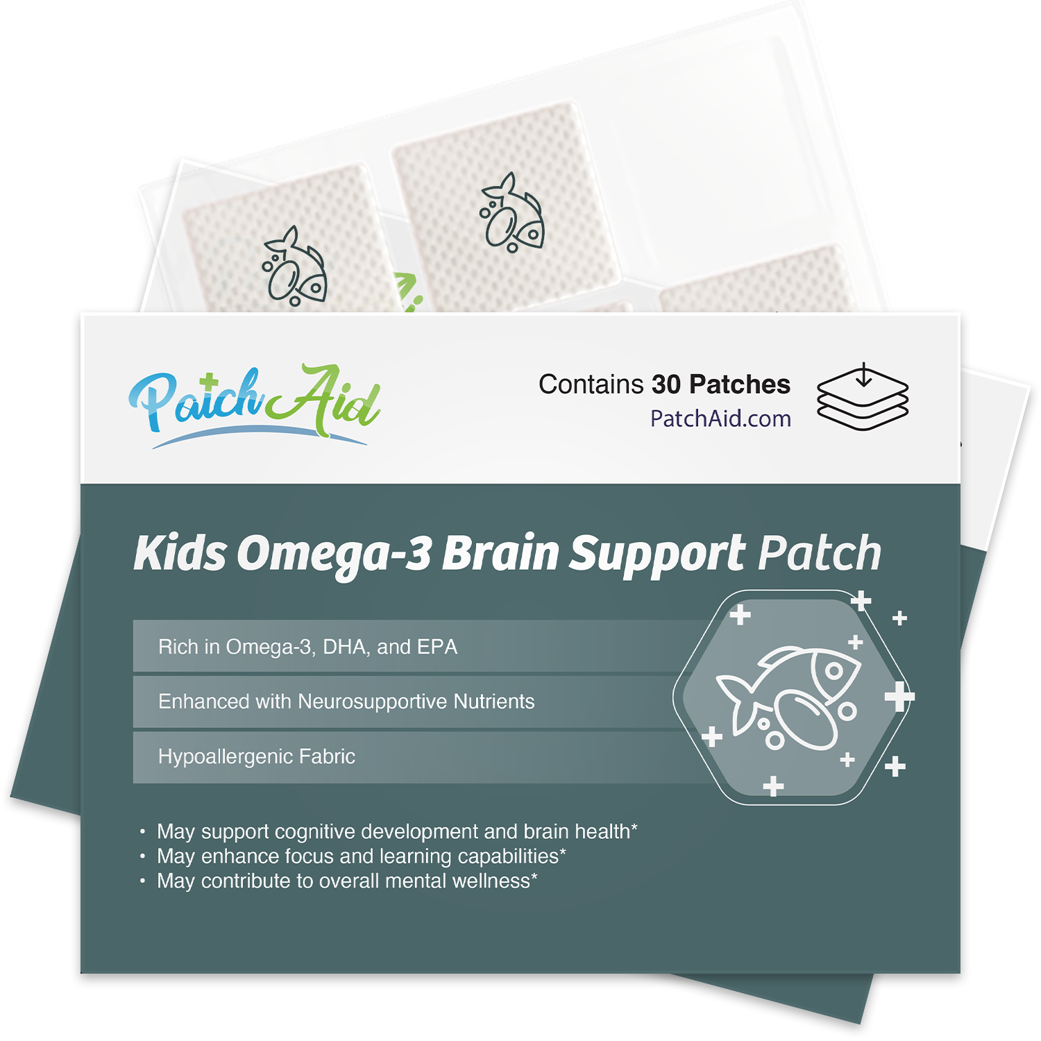 PatchAid kids omega-3 brain support patch with DHA, EPA and astaxanthin for focus, memory and brain development"