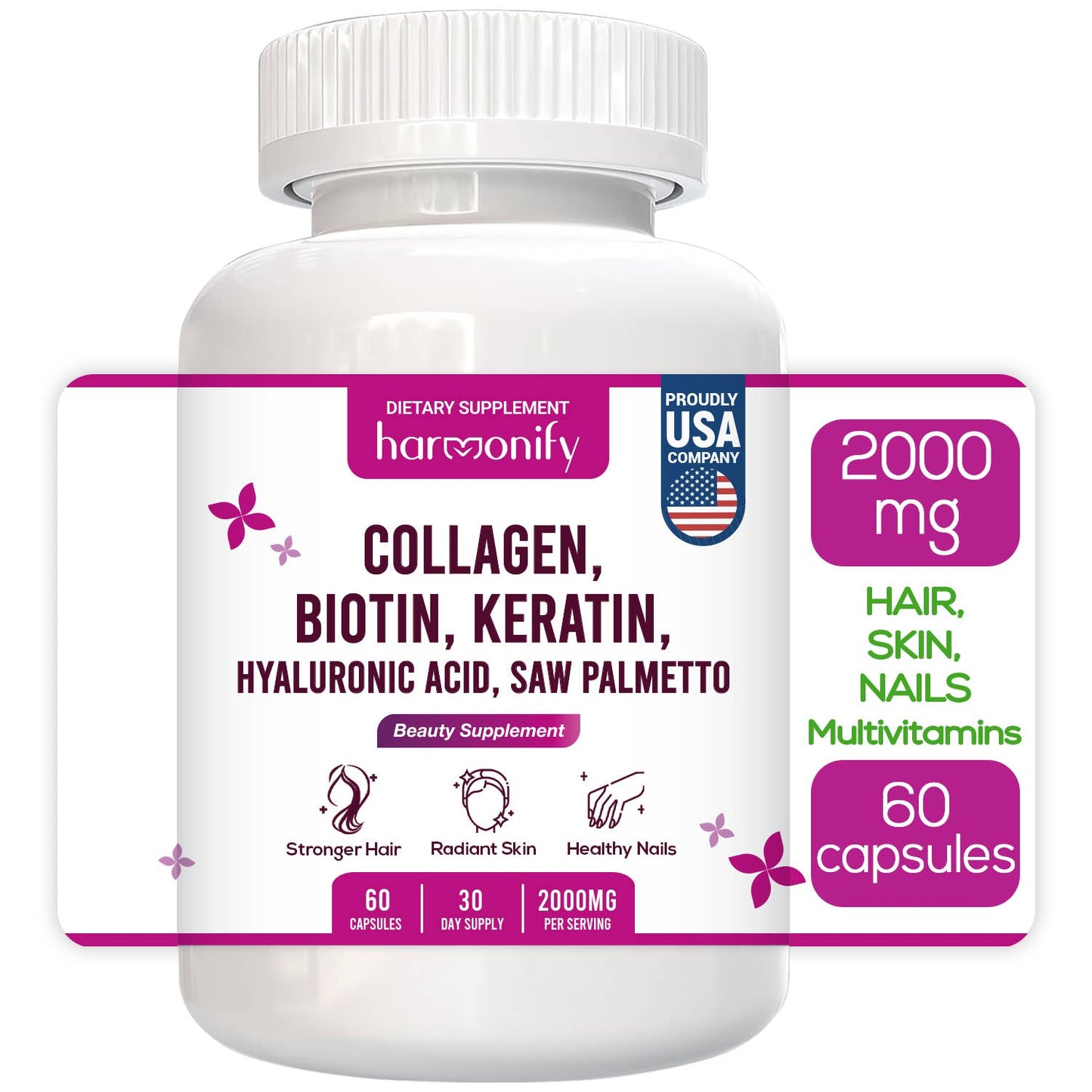 HARMONIFY - Collagen Biotin Keratin Saw Palmetto Hyaluronic Acid Complex Supplement