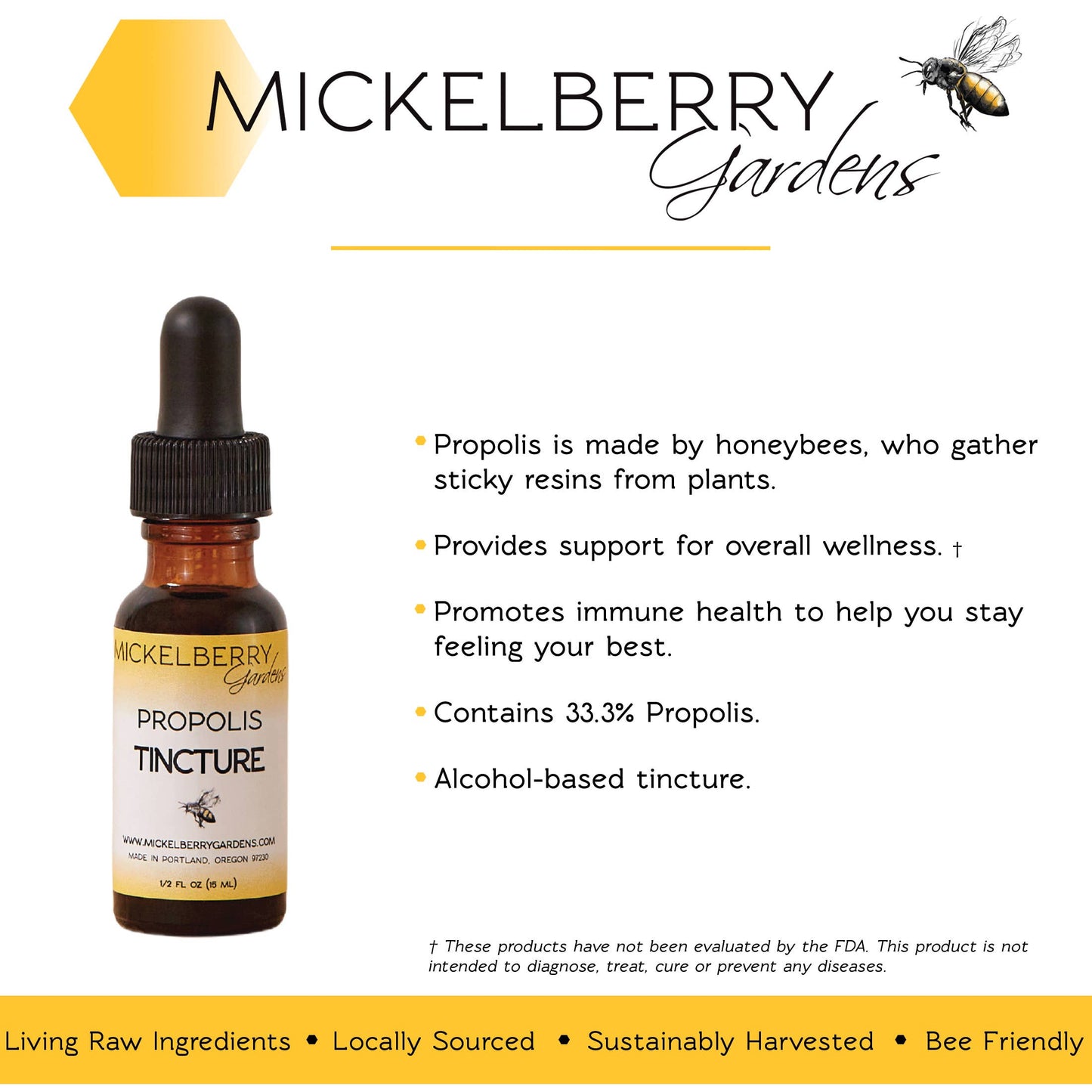 "Mickelberry Gardens bee propolis tincture 0.5oz amber glass bottle — natural immune support and anti-microbial remedy"