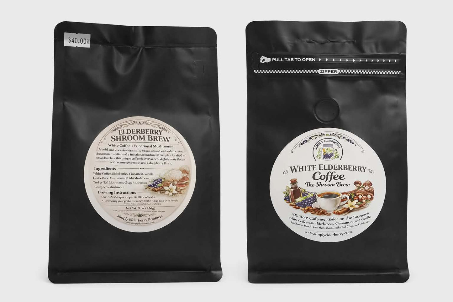 "White elderberry mushroom coffee shroom brew 8oz with functional mushrooms and warm spices for clean energy"
