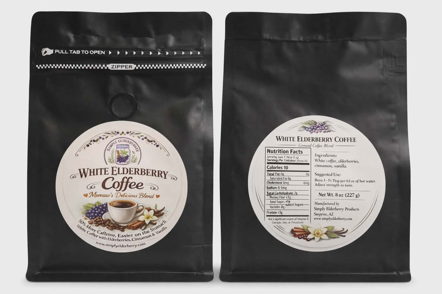 White elderberry coffee with vanilla and cinnamon 8oz — smooth low-acid coffee for clean sustained energy"