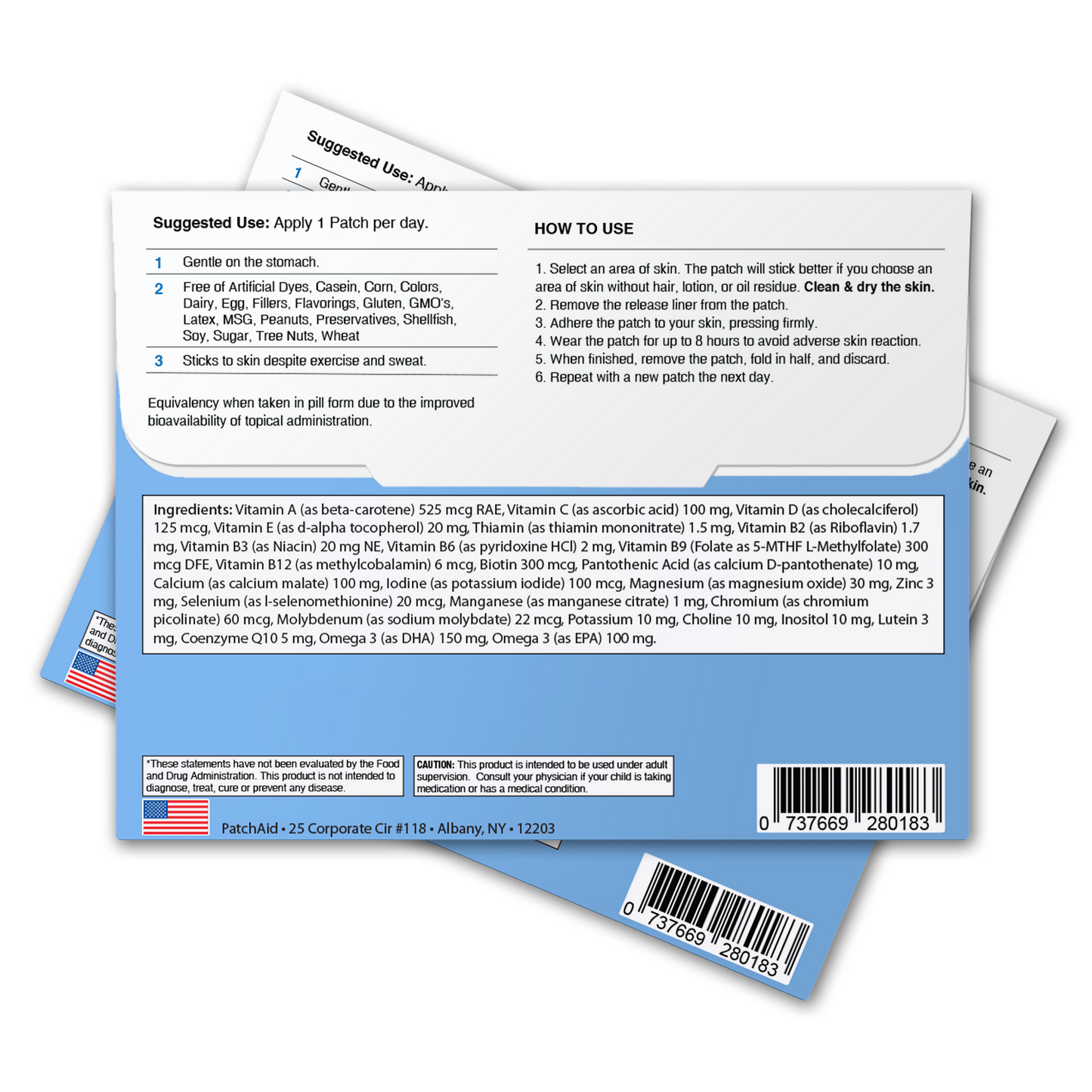 PatchAid kids multivitamin plus omega-3 patch with 22 vitamins DHA and EPA — no pills or gummies needed"