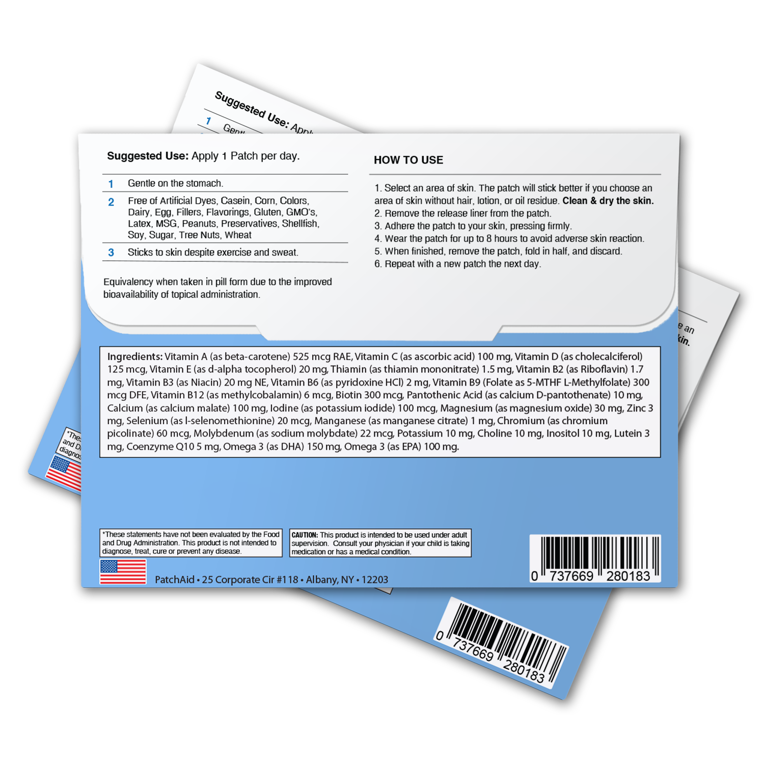 PatchAid kids multivitamin plus omega-3 patch with 22 vitamins DHA and EPA — no pills or gummies needed"