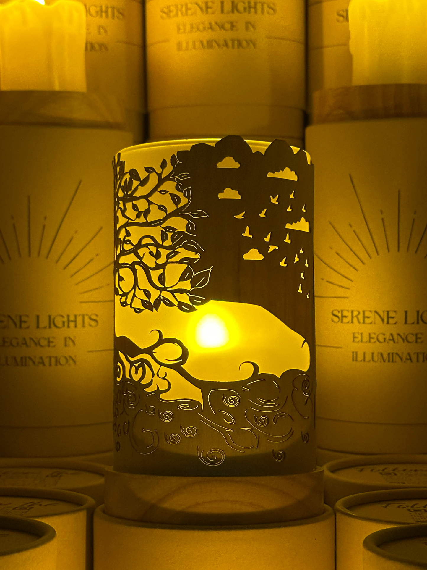 Serene Lights - Tree of Life, Decorative Candle Holder – Laser Etched, Handmade Wood Veneer, Rechargeable LED Candle