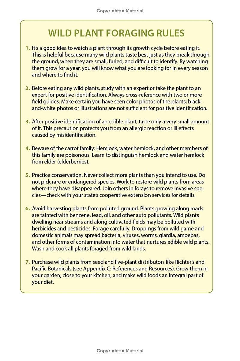 Wild plant foraging rules text outlining safety, identification, and conservation tips for natural remedies