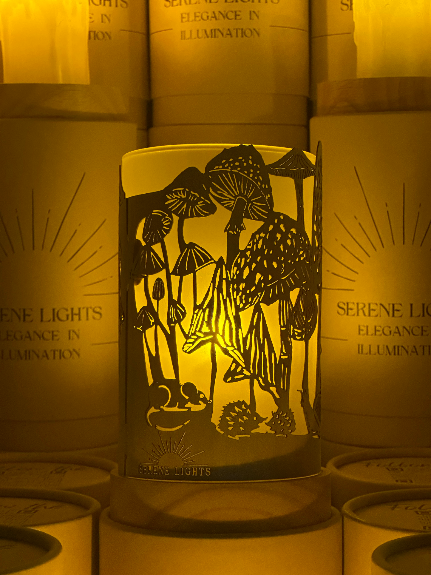 Serene Lights - Mushroom and Mice, Decorative Candle Holder – Laser Etched, Handmade Wood Veneer, Rechargeable LED Candle