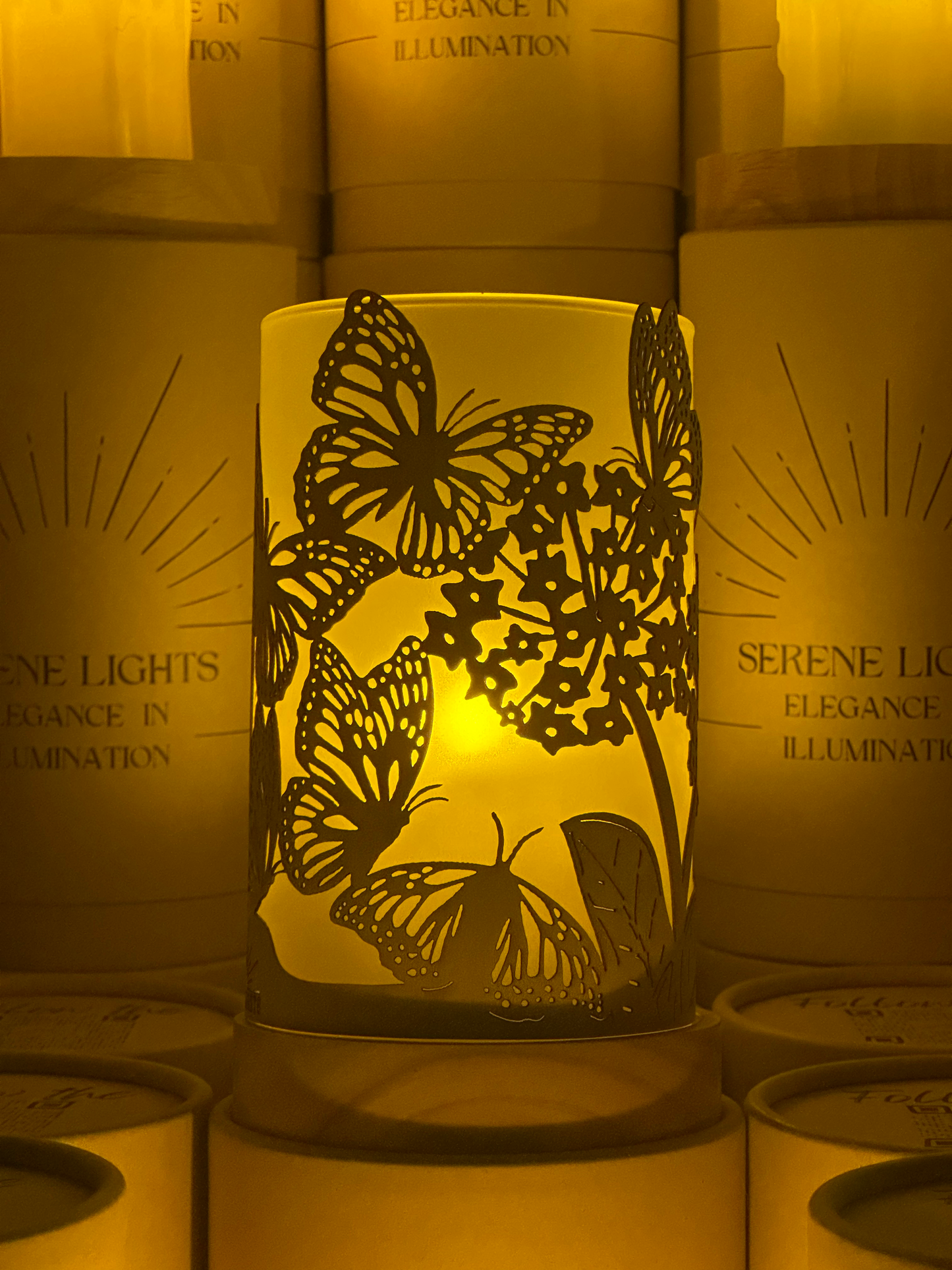 Serene Lights - Butterflies, Decorative Candle Holder – Laser Etched, Handmade Wood Veneer, Rechargeable LED Candle