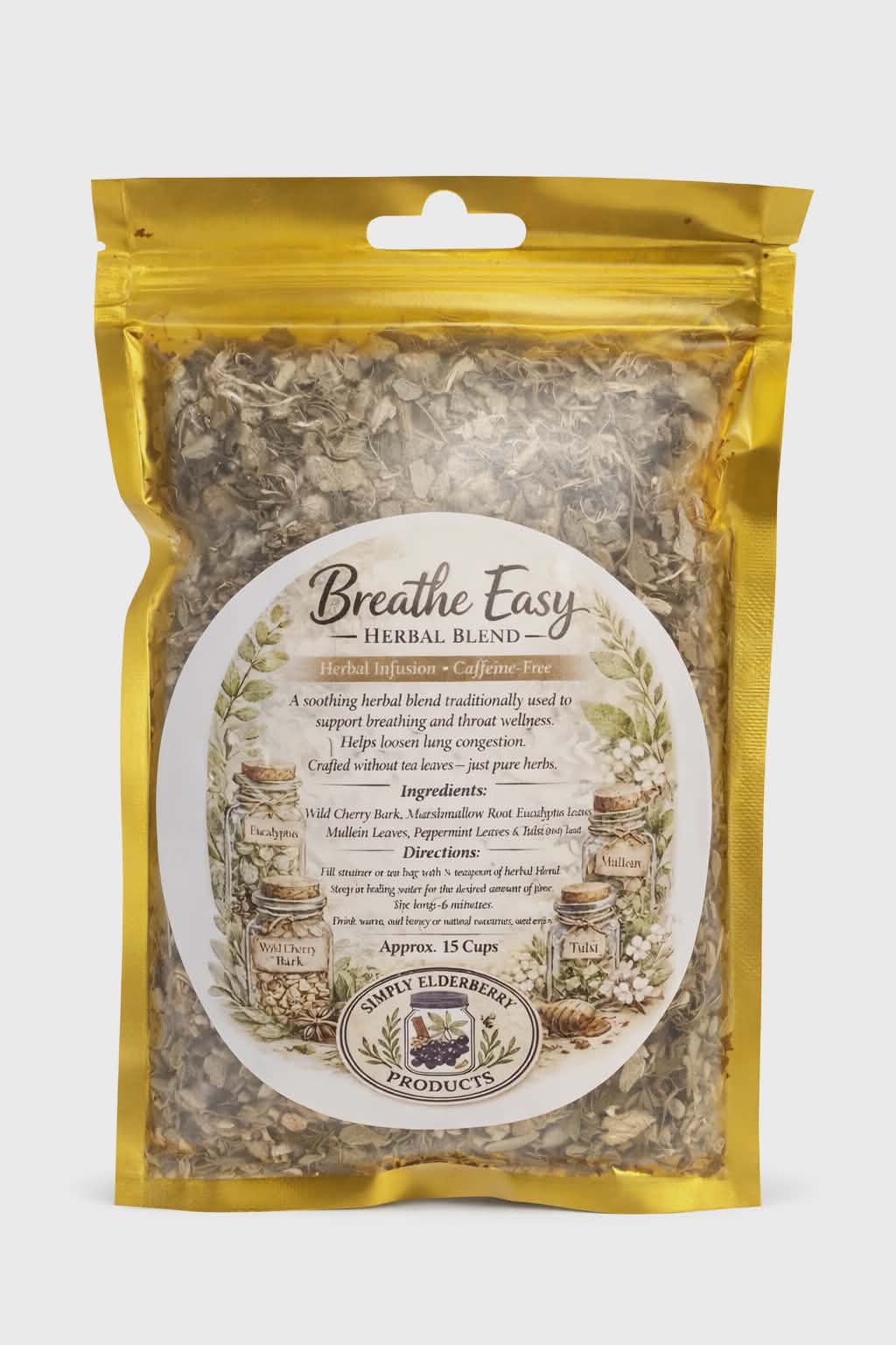 "Breathe Easy caffeine-free loose leaf herbal tea blend with mullein, peppermint and marshmallow root for respiratory support"