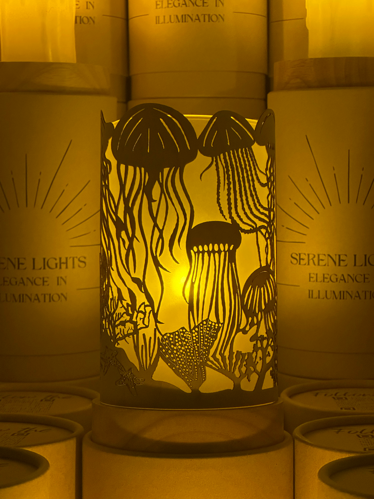 Serene Lights - JellyFish, Decorative Candle Holder – Laser Etched, Handmade Wood Veneer, Rechargeable LED Candle