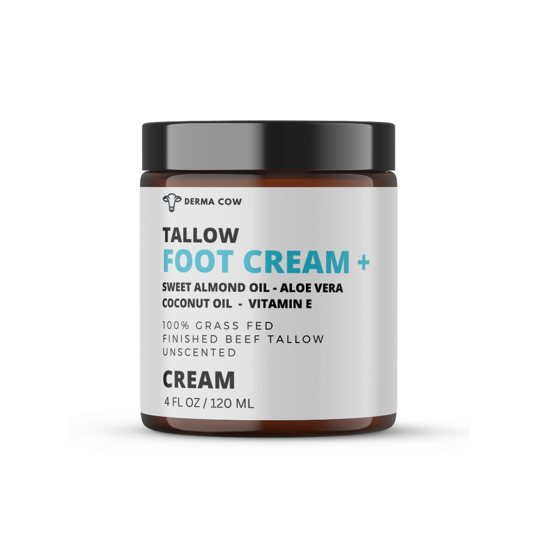 "Grass-fed tallow foot cream with almond oil, coconut oil and aloe vera for dry cracked heels — 4oz glass jar"