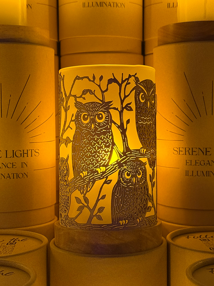 Serene Lights - Forest Friends Owl Decorative Candle Holder – Laser Etched, Handmade Wood Veneer, Rechargeable LED Candle