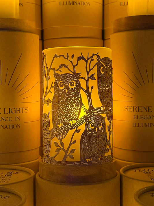 Serene Lights - Forest Friends Owl Decorative Candle Holder – Laser Etched, Handmade Wood Veneer, Rechargeable LED Candle