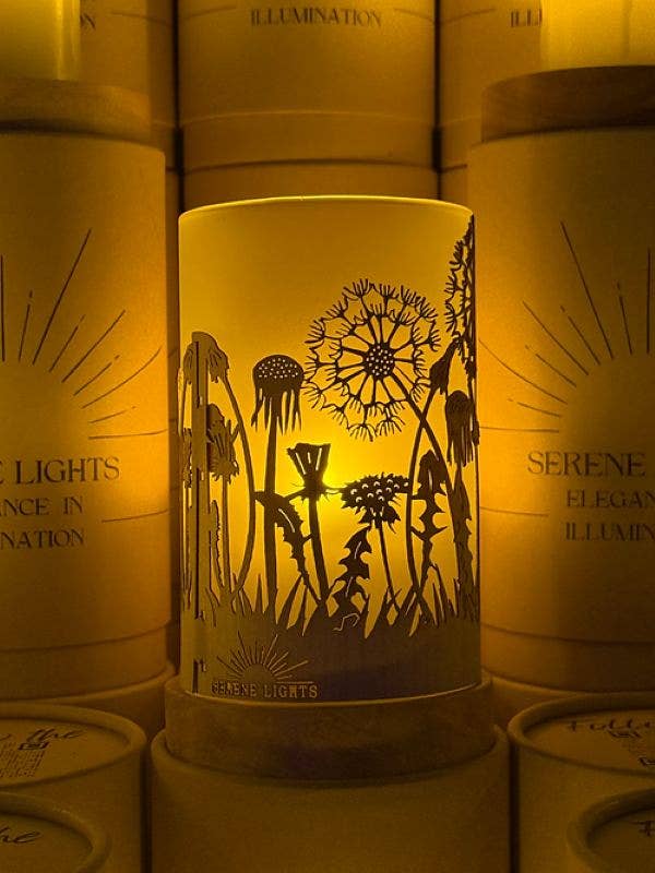 Serene Lights - Field of Dandelions Decorative Candle Holder – Laser Etched, Handmade Wood Veneer, Rechargeable LED Candle