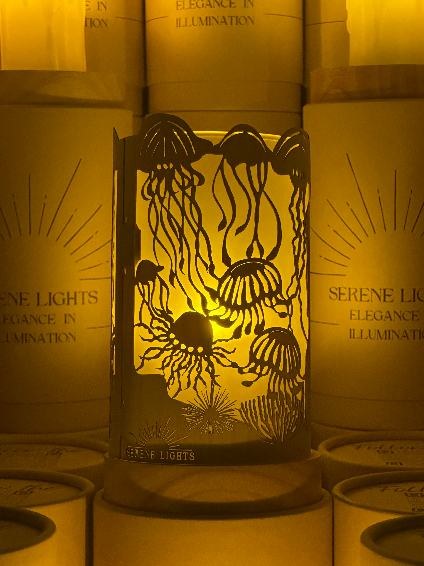 Serene Lights - JellyFish, Decorative Candle Holder – Laser Etched, Handmade Wood Veneer, Rechargeable LED Candle