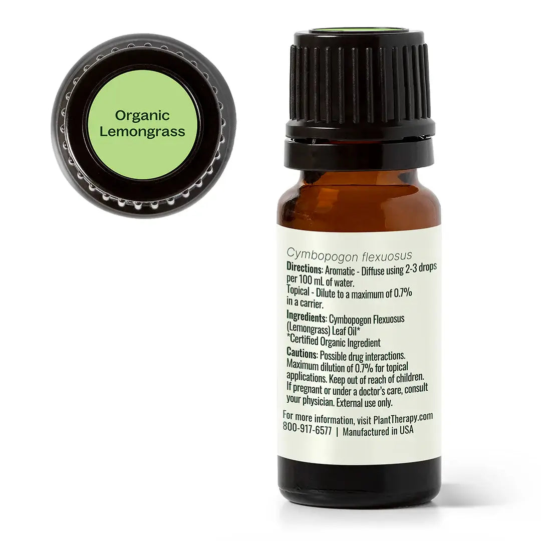 Plant Therapy USDA Certified Organic lemongrass essential oil 10mL for uplifting mood, muscle comfort and outdoor use