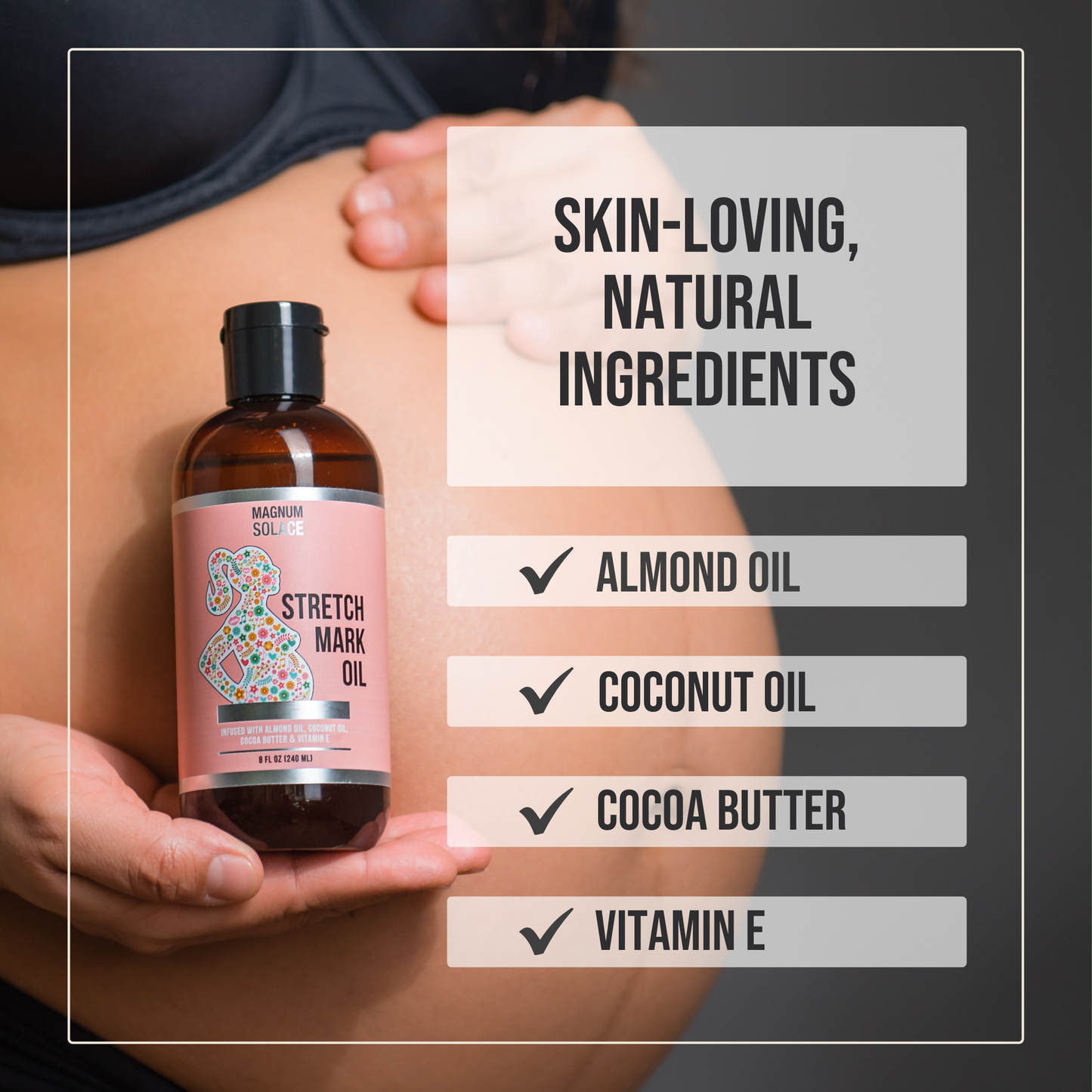 Magnum Solace - Stretch Mark Oil for Pregnancy - Cocoa Butter, Almond Oil