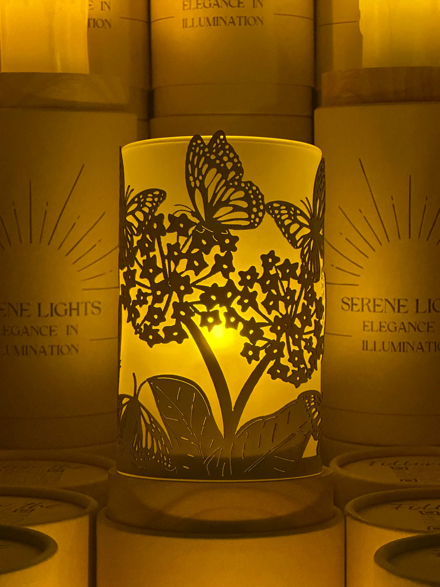 Serene Lights - Butterflies, Decorative Candle Holder – Laser Etched, Handmade Wood Veneer, Rechargeable LED Candle