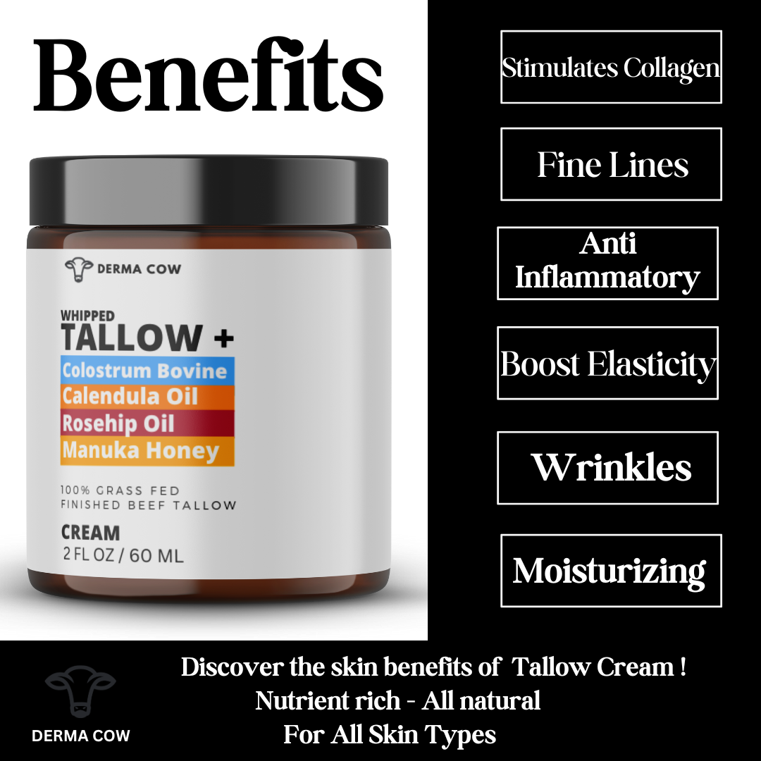 Derma Cow - Tallow Cream+ Colostrum,Calendula,Rosehip,Manuka Honey - 2oz