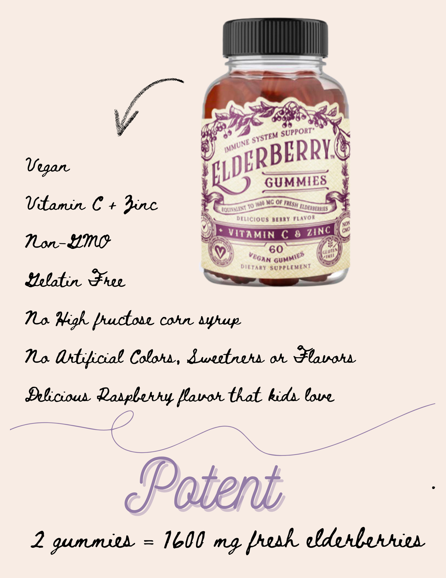 Roots And Leaves - Elderberry Gummies with Zinc + Vitamin C- 60 CT