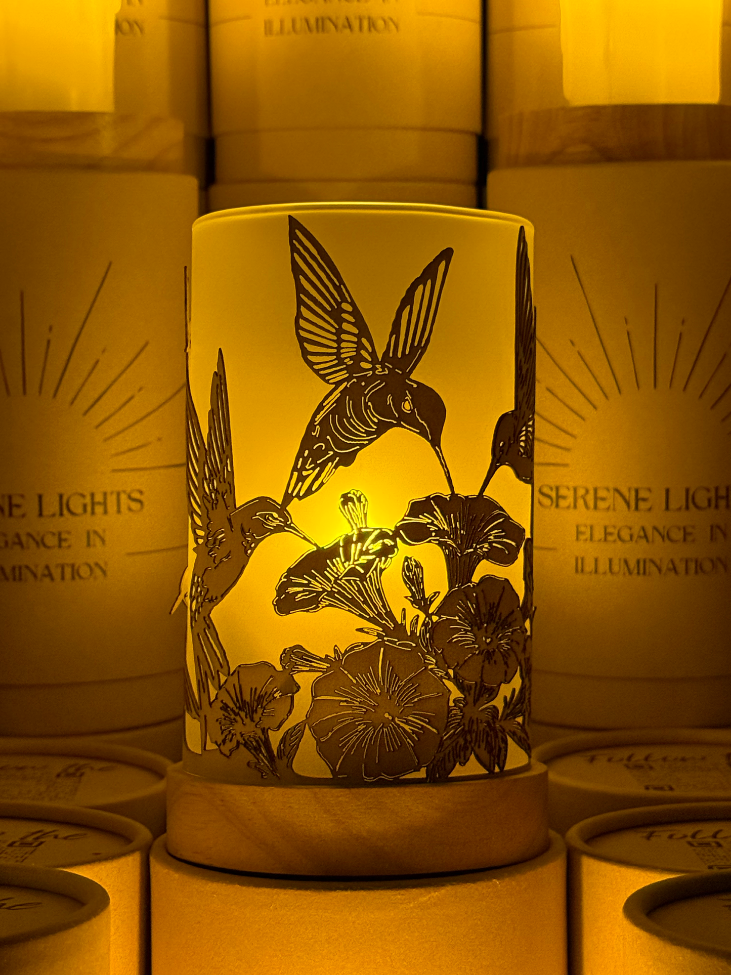 Serene Lights - Humming Birds in Flight, Decorative Candle Holder – Laser Etched, Handmade Wood Veneer, Rechargeable LED Candle