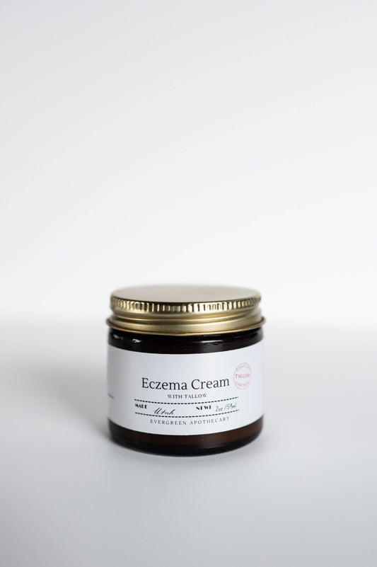 "Natural eczema cream with grass-fed tallow, licorice root, and calendula for soothing sensitive skin"
