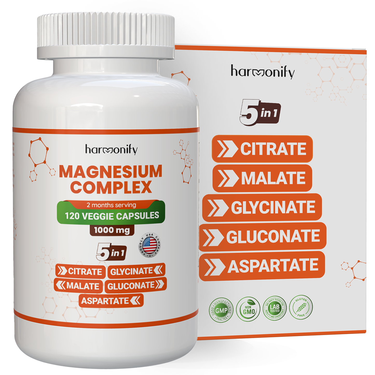 HARMONIFY - Magnesium 5 in 1 Complex, 1000 mg, Glycinate, Citrate, Malate, Aspartate, Gluconate