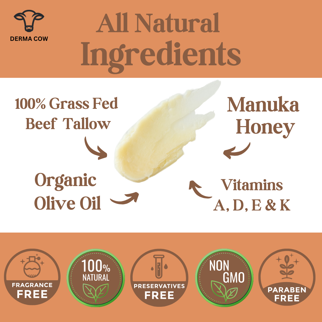 Derma Cow - Tallow Balm + Manuka Honey, 100% Grass Fed Beef, 2oz Balm