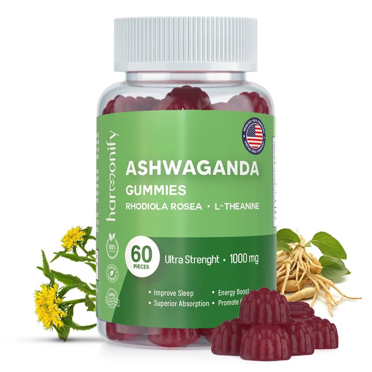 HARMONIFY - Ashwagandha & KSM-66 Gummies with Rhodiola Rosea and L-Theanine, 1000 mg