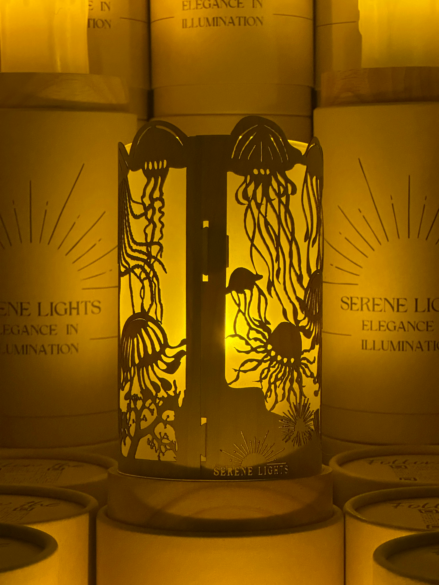 Serene Lights - JellyFish, Decorative Candle Holder – Laser Etched, Handmade Wood Veneer, Rechargeable LED Candle