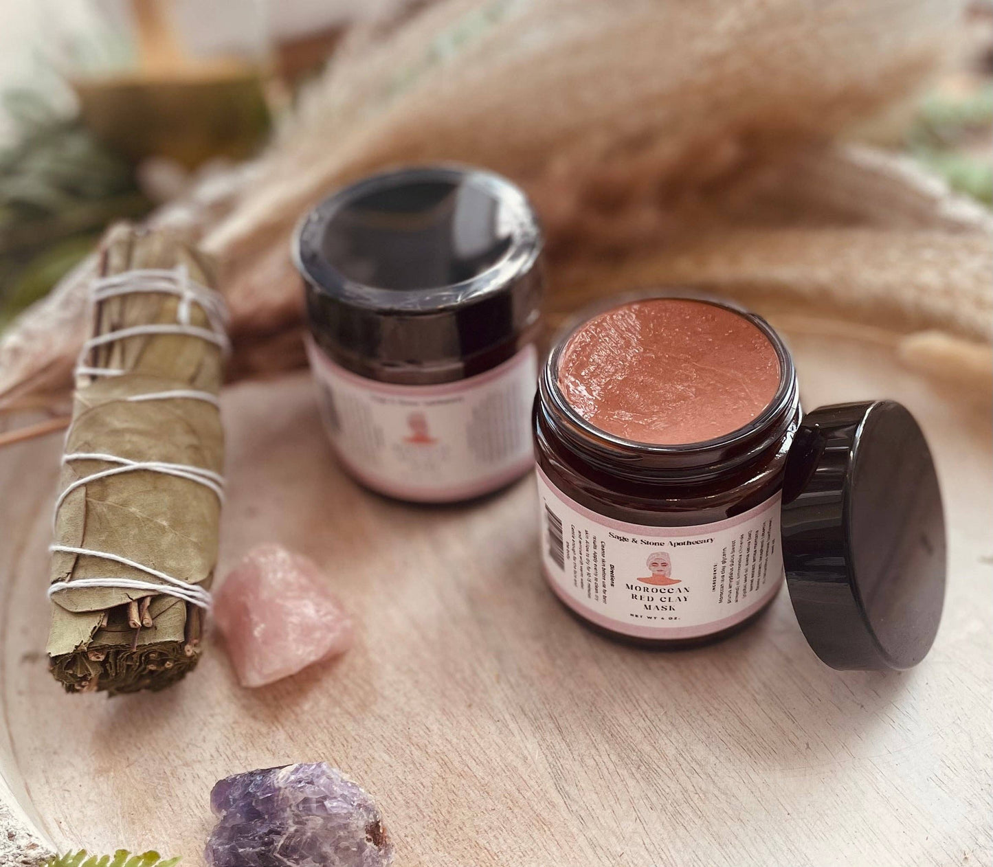 "Moroccan red clay face mask for oily and acne-prone skin with jojoba oil and vitamin E"