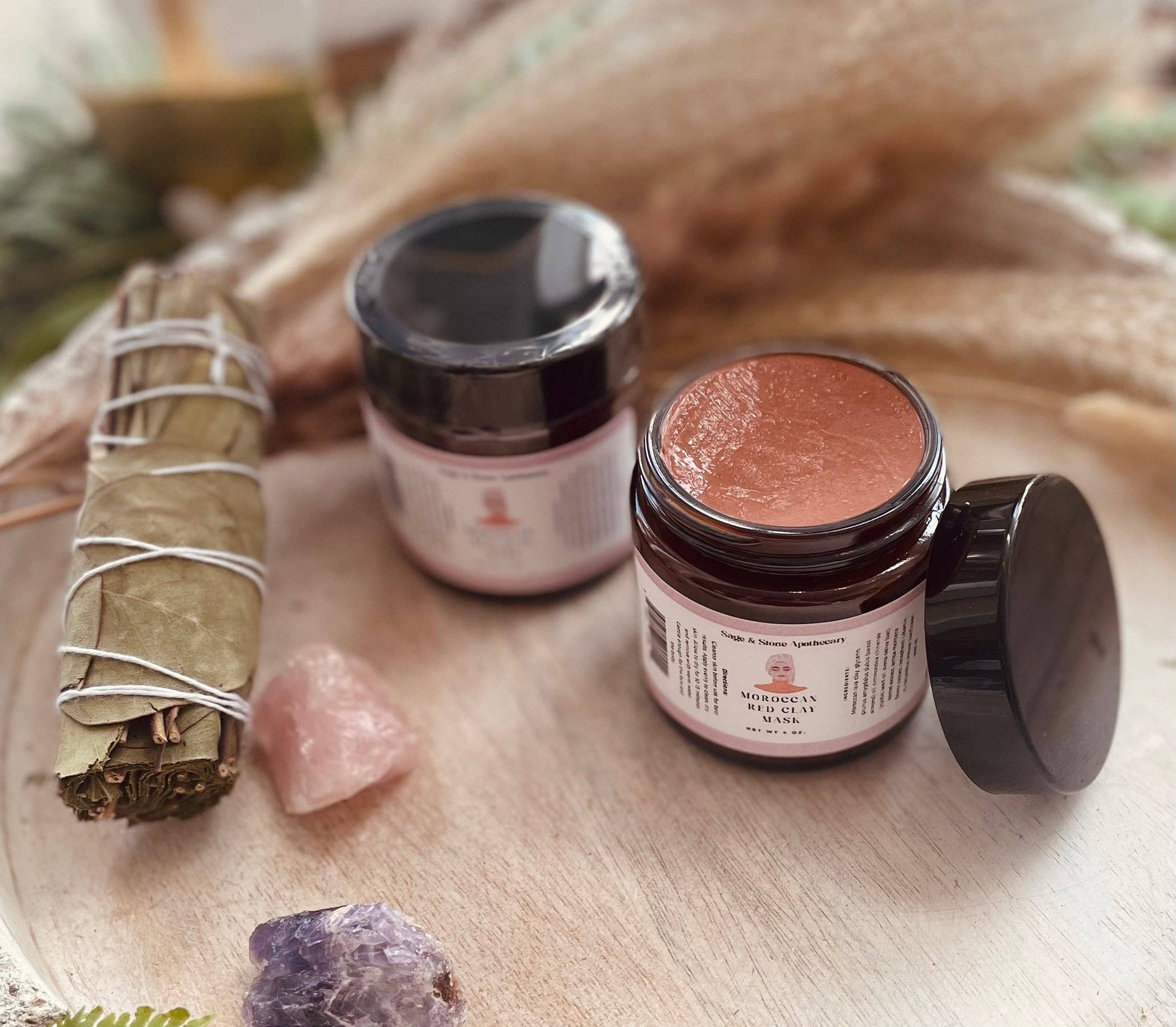 "Moroccan red clay face mask for oily and acne-prone skin with jojoba oil and vitamin E"