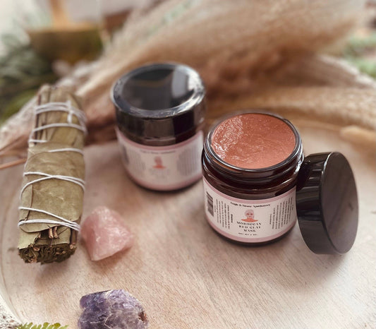"Moroccan red clay face mask for oily and acne-prone skin with jojoba oil and vitamin E"